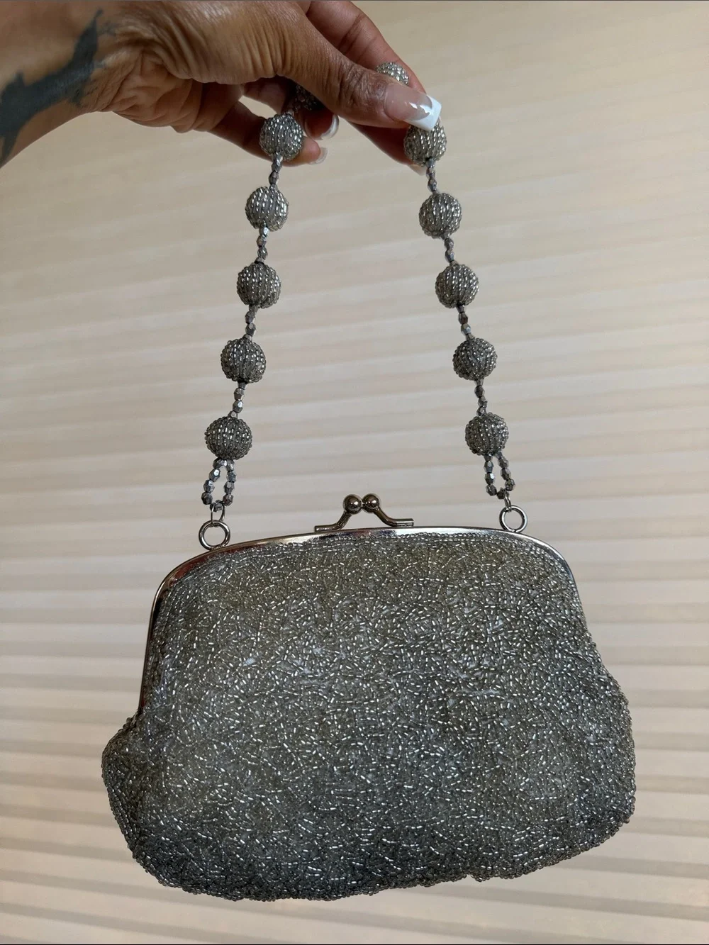Vintage Silver Bugle Bead Evening Bag